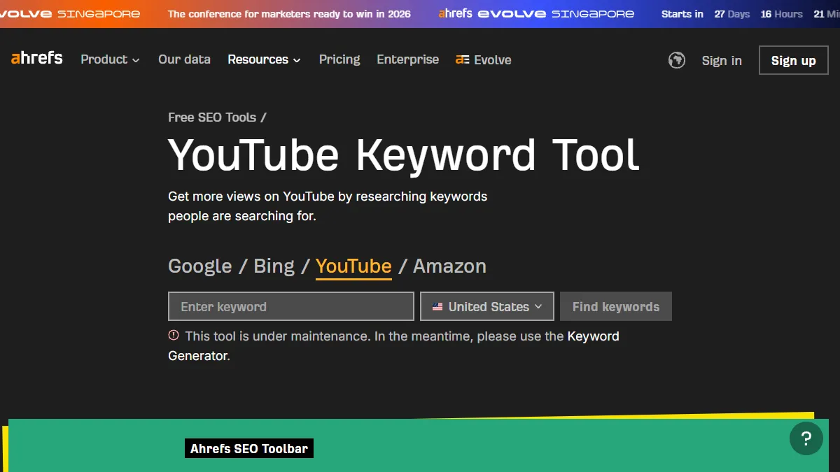 Ahrefs YouTube Keyword Tool free version