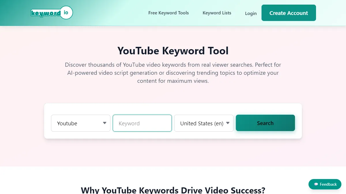Keyword.io YouTube Longtail Finder with list builder
