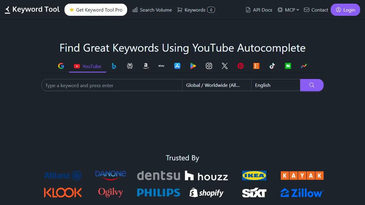 KeywordTool.io YouTube keyword results with blurred volume data behind paywall
