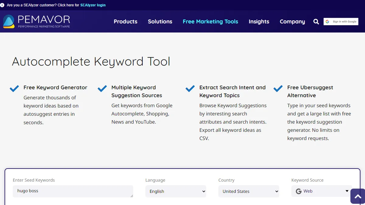 Pemavor autocomplete tool showing YouTube keyword results