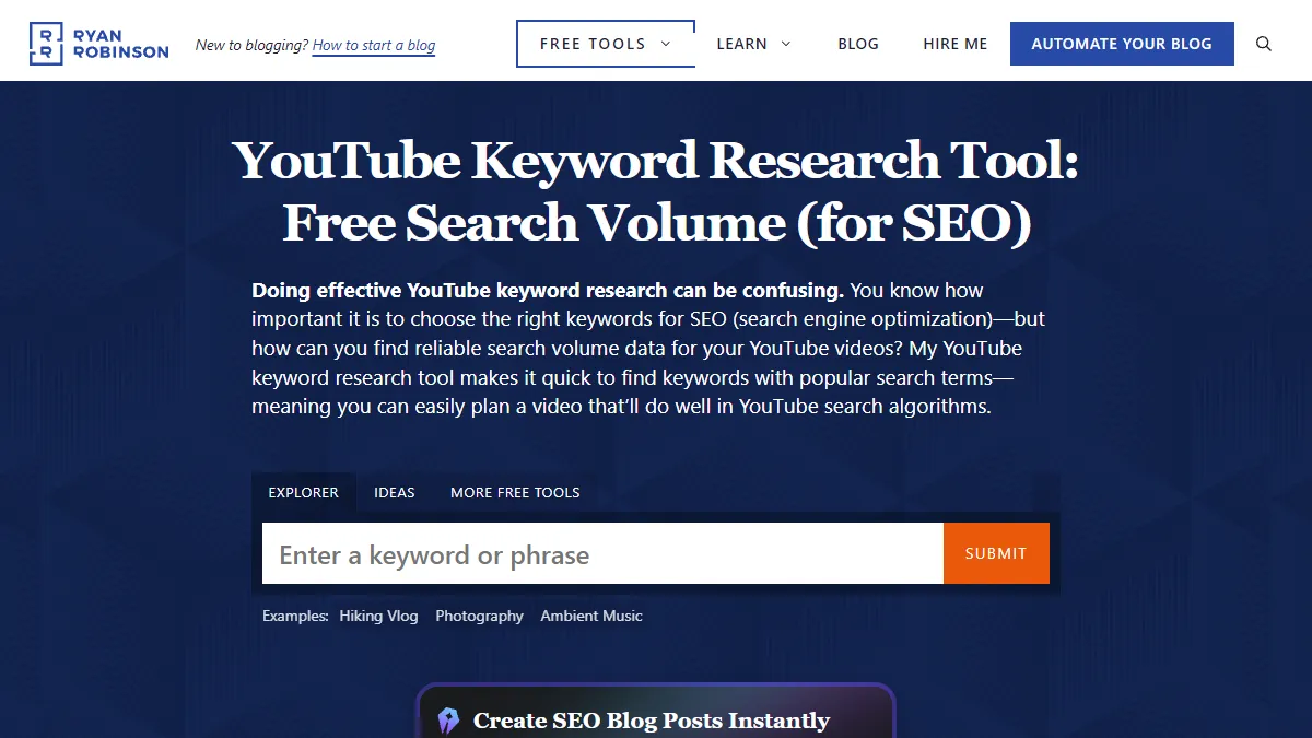 RyRob YouTube Keyword Tool with search volume estimates