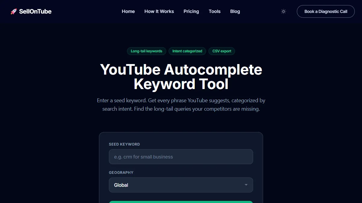 SellonTube YouTube Autocomplete Keyword Tool interface showing seed keyword input, geography selector, and generate button