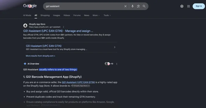 GS1 Assistant appearing in top Google results for gs1 app with 4.9 star rating