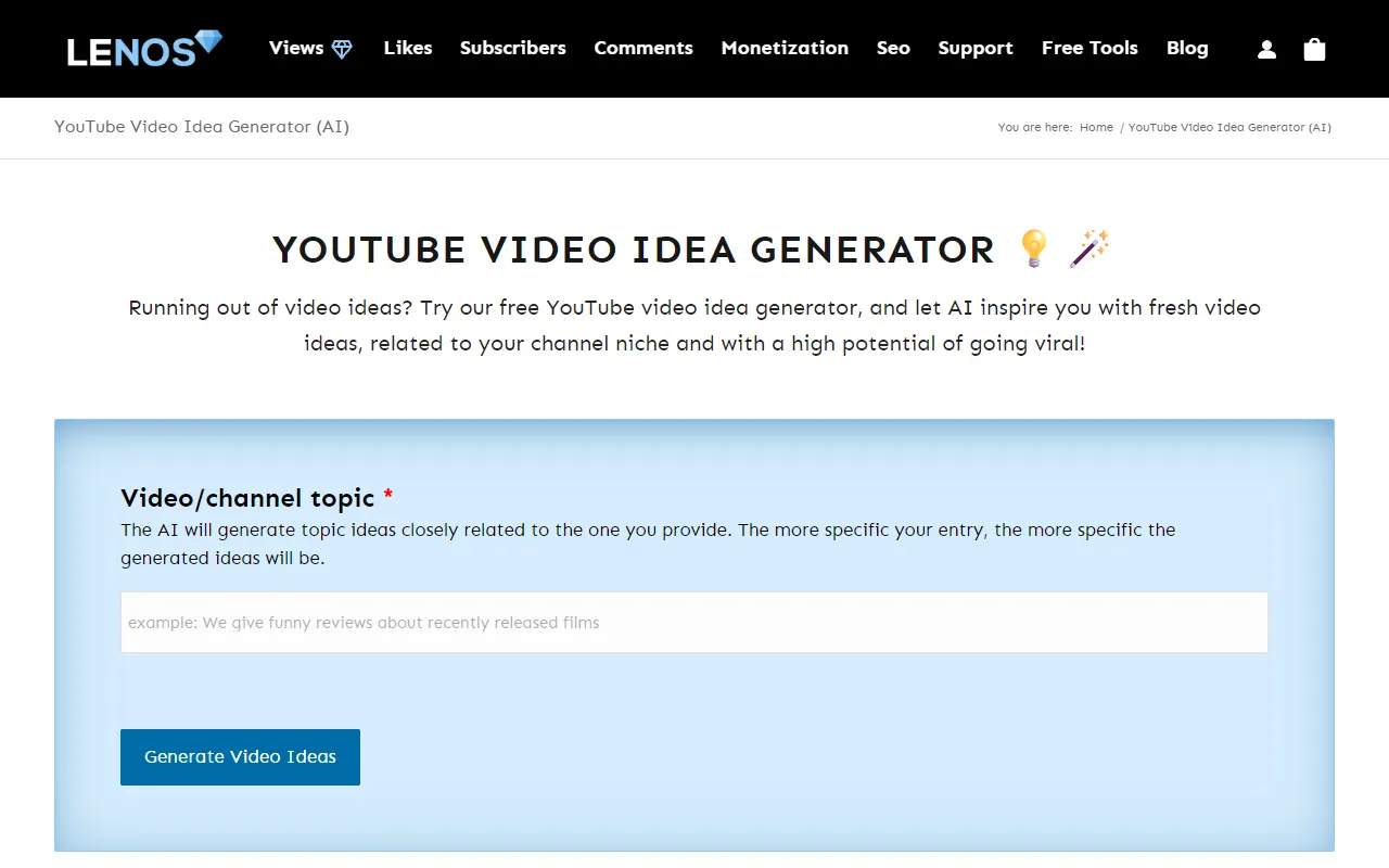 LenosTube — topic input and 5-idea output
