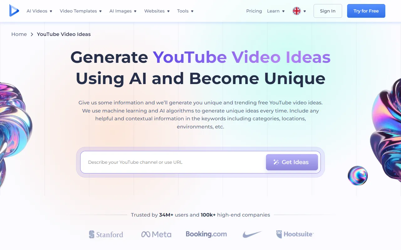 Renderforest — keyword-based YouTube video ideas generator