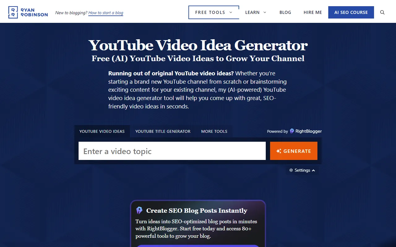 RyRob — YouTube video idea generator with tone options