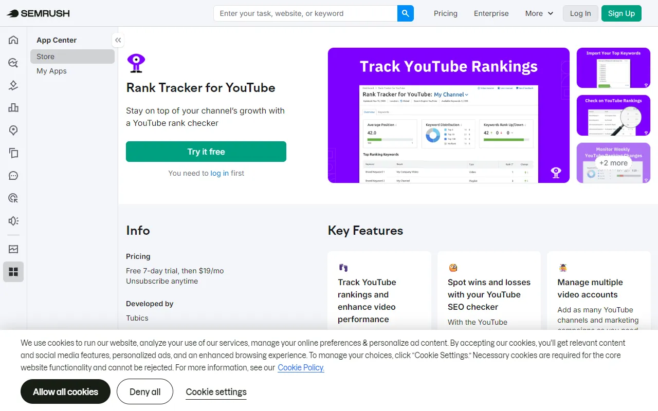 SEMrush YouTube Rank Tracker interface
