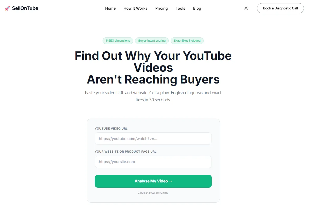 SellonTube YouTube SEO Tool screenshot: buyer-intent diagnosis and metadata fix recommendations for business channels