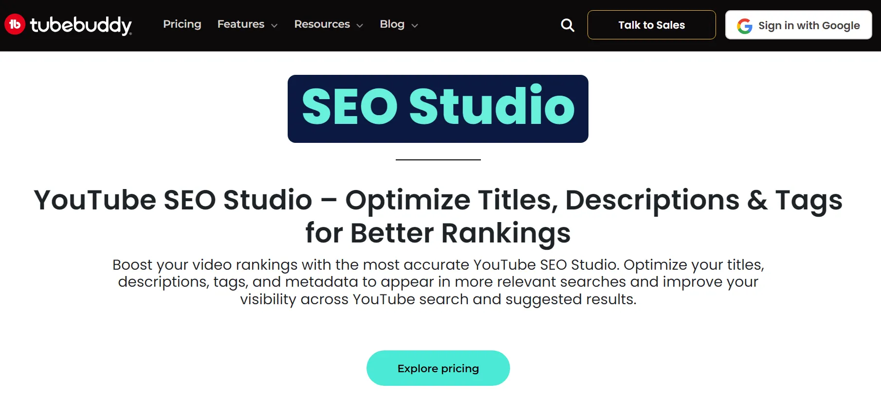 TubeBuddy SEO Studio screenshot: keyword explorer and video scorecard inside YouTube Studio