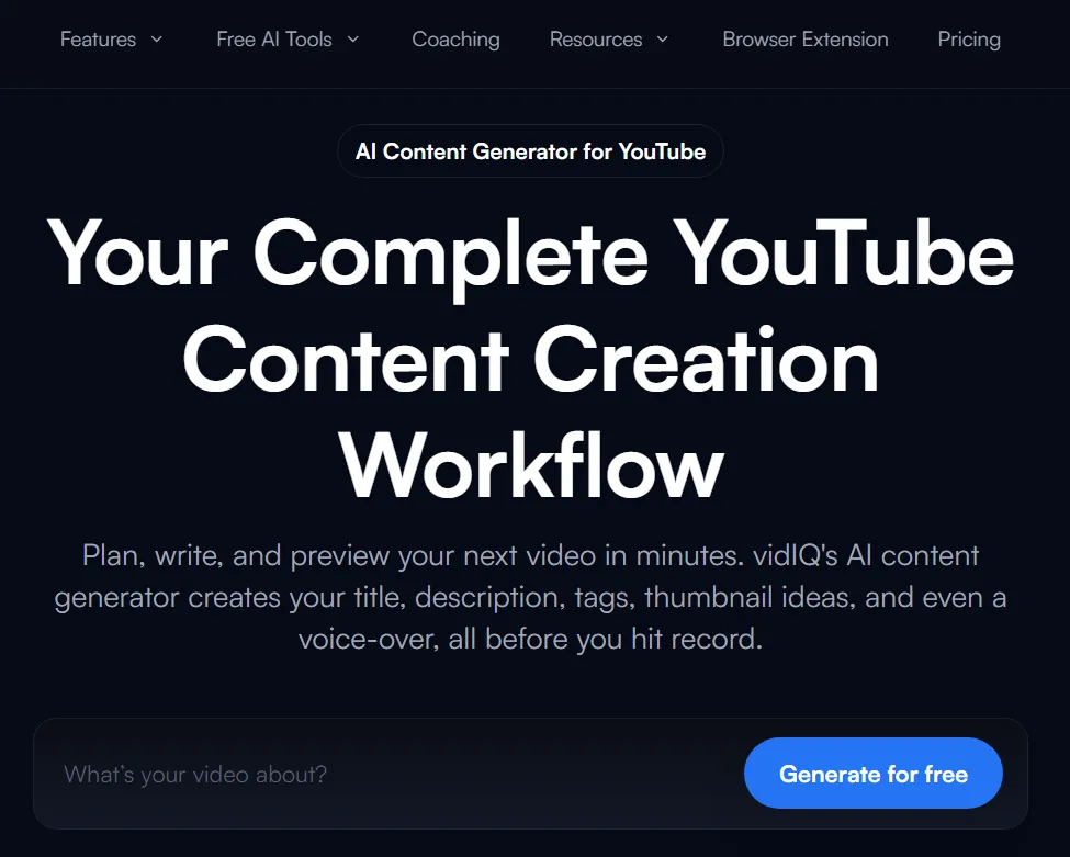 vidIQ screenshot: AI-powered video ideas and keyword research interface for YouTube channels