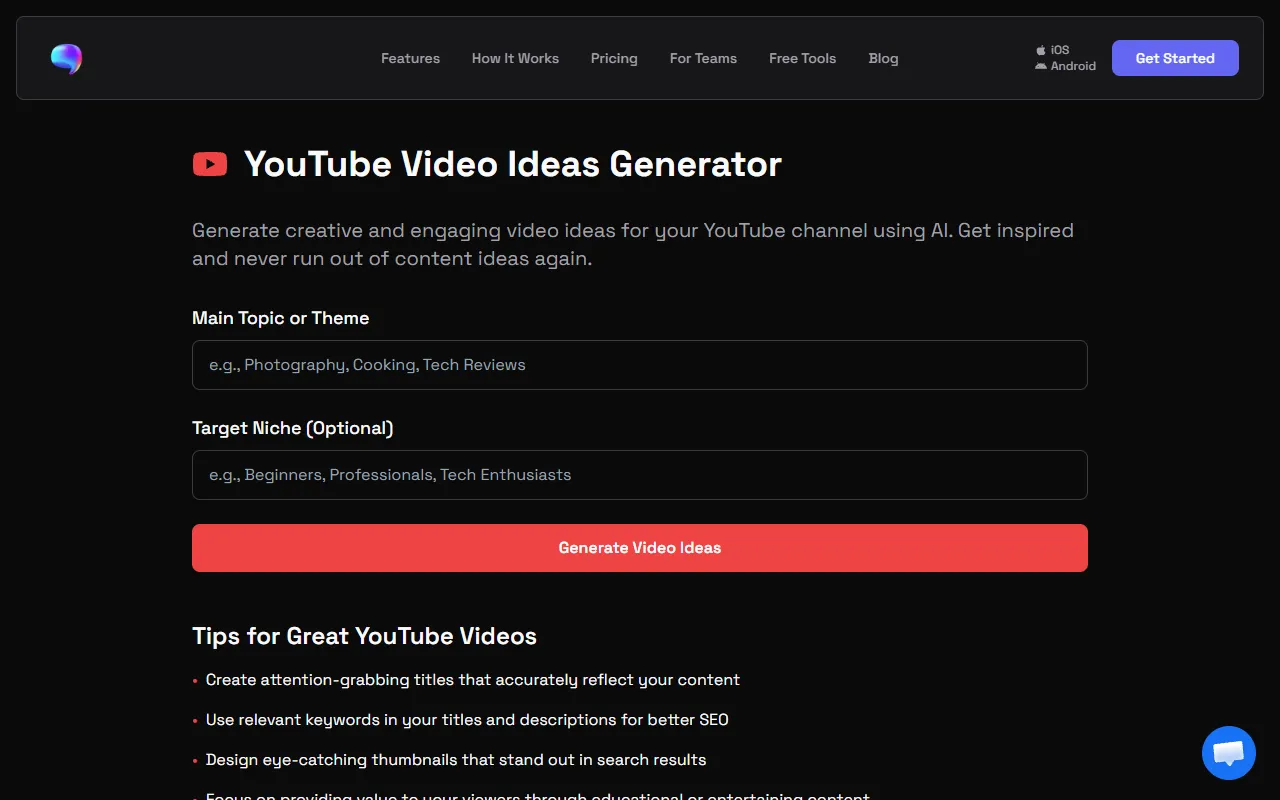 SpeakNotes — YouTube ideas generator simple input
