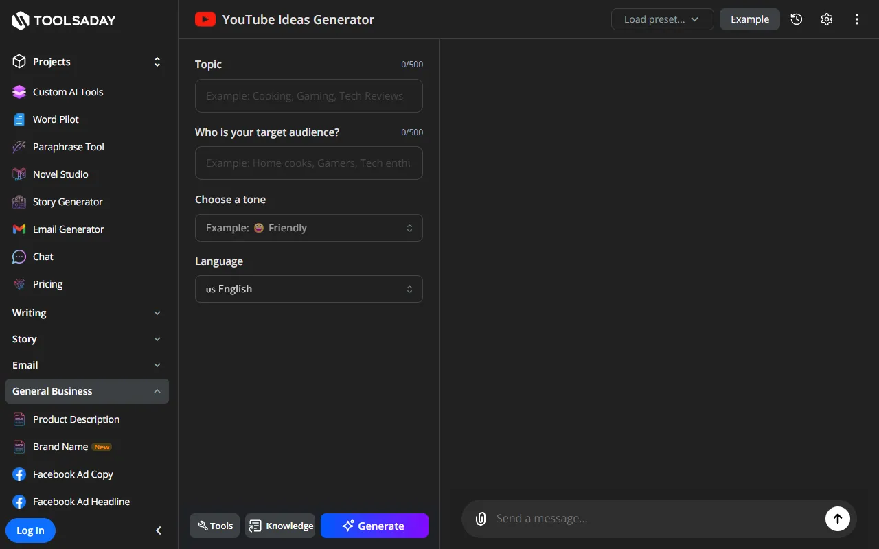 Toolsaday — YouTube video ideas generator within the writing suite