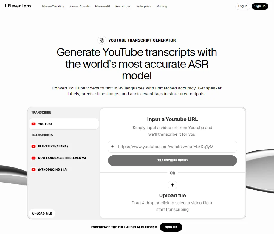 ElevenLabs: YouTube transcript generator from a leading voice AI platform