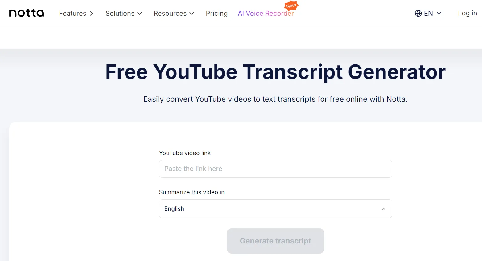 Notta.ai: YouTube transcript generator with AI summaries