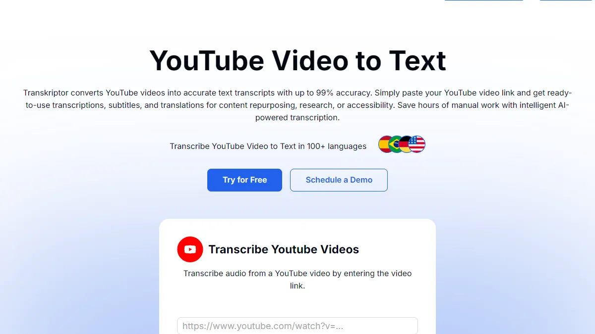 Transkriptor: simple, fast YouTube URL transcription