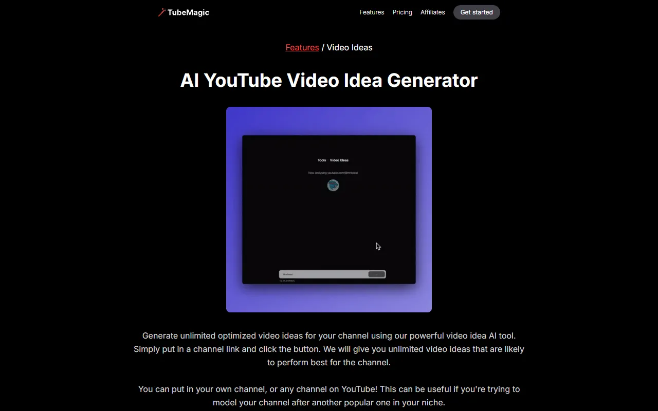TubeMagic — channel URL idea generation feature
