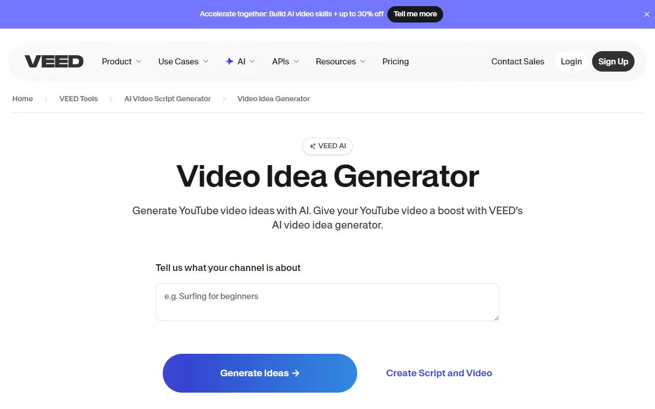 VEED.io — multi-platform video idea generator with vibe selector