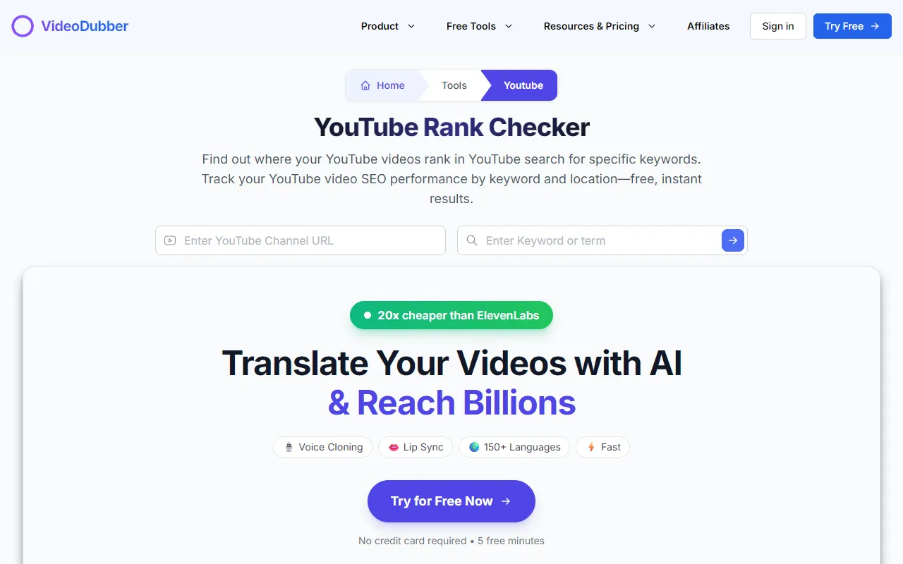 VideoDubber YouTube Rank Checker interface