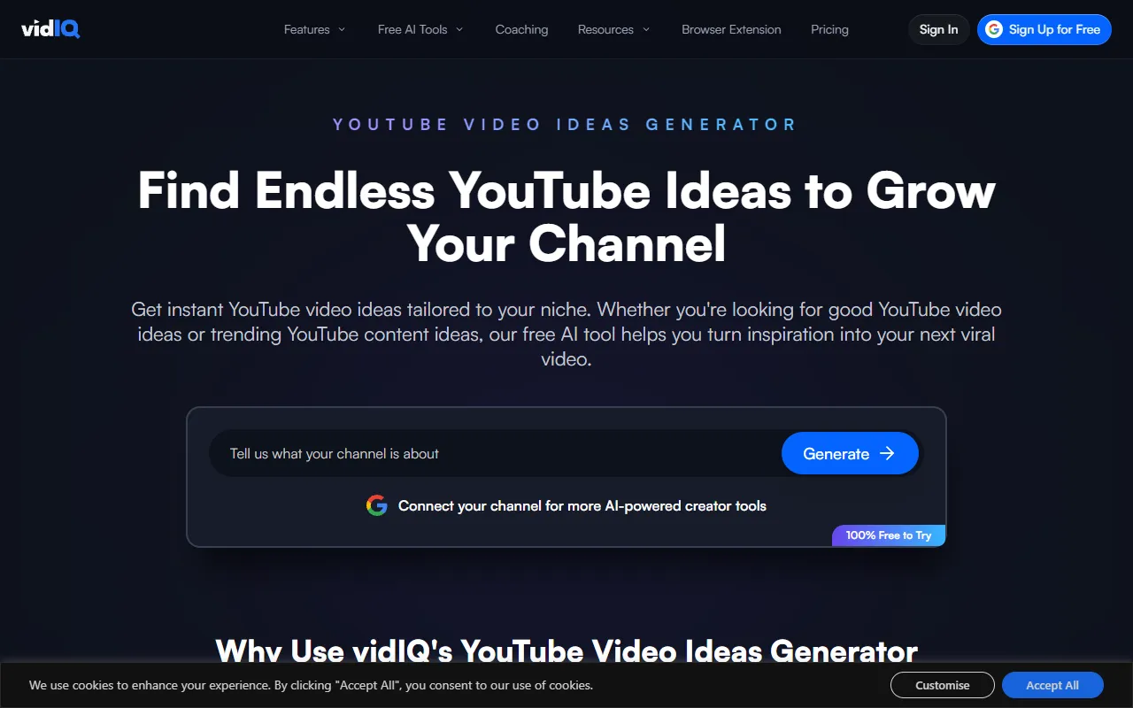 vidIQ — AI video ideas generator interface