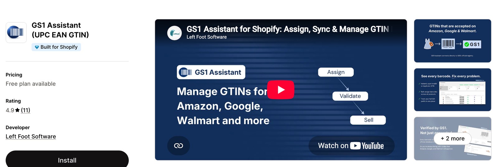 GS1 Assistant listing on the Shopify App Store: Built for Shopify badge, 4.9 star rating, produced demo video