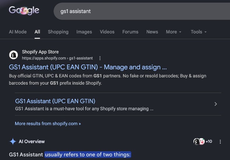 Google search results for gs1 assistant showing the client app ranking first with sitelinks and an AI Overview citation