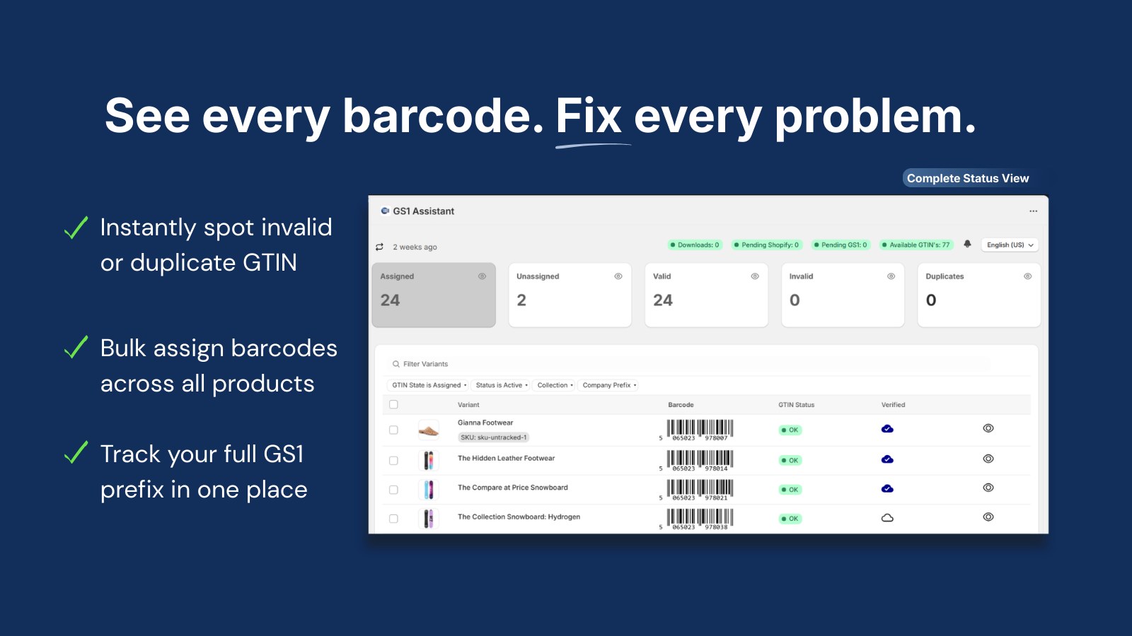 App Store listing creative produced for GS1 Assistant showing the barcode status dashboard