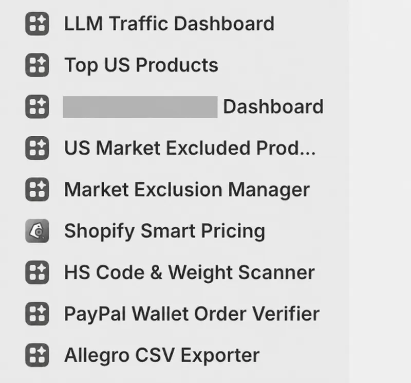 Custom Shopify apps: LLM Traffic Dashboard, Market Exclusion Manager, Smart Pricing, HS Code Scanner, PayPal Order Verifier, Allegro CSV Exporter